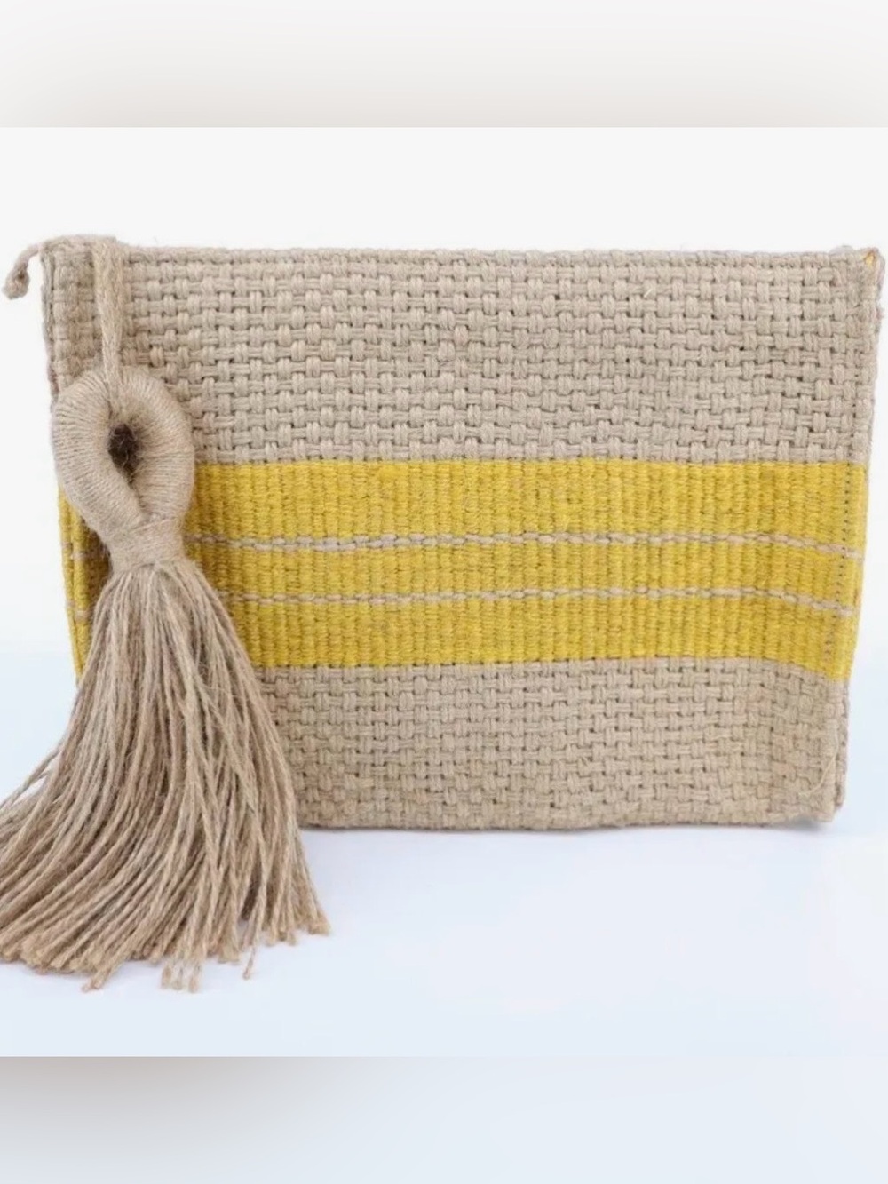 Zara Beige Jute Clutch with Yellow Stripe and Tassel